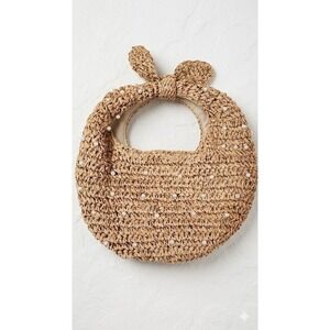 Woven Straw Pearl Embellished‎ Round Handbag Bow Handle Natural Beige Summer Bag